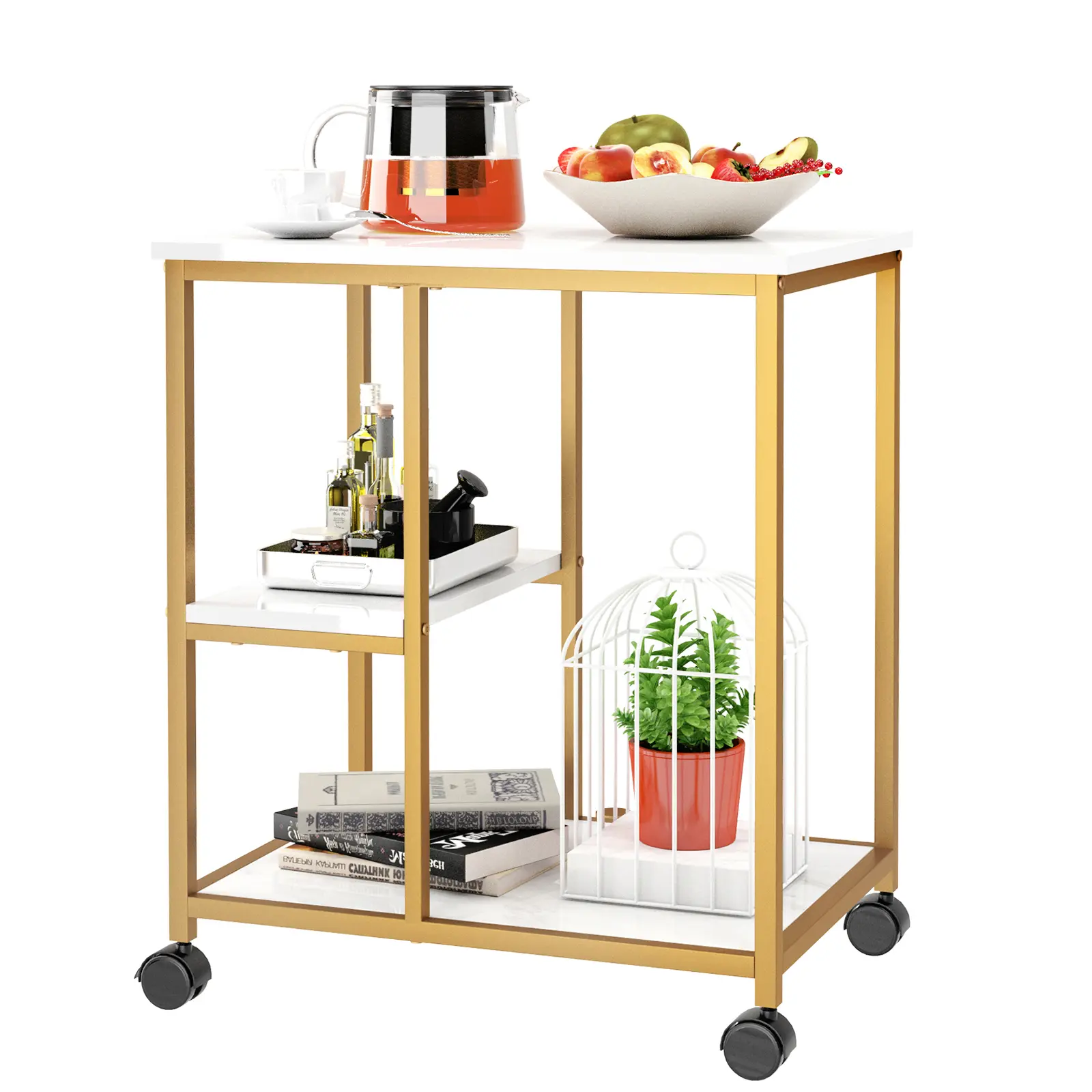 Soges Luxury Gold Rolling Cart with Wheels, 3-Tier Bar Cart Serving Trolley with Marble Top, Storage Shelves, Side Table for Living Room, Kitchen, Bedroom, Office