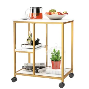 Soges Luxury Gold Rolling Cart with Wheels, 3-Tier Bar Cart Serving Trolley with Marble Top, Storage Shelves, Side Table for Living Room, Kitchen, Bedroom, Office