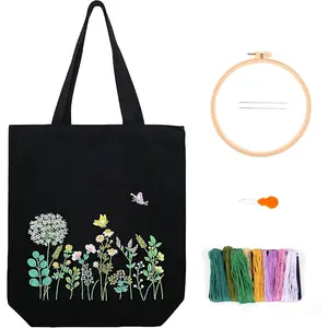 Canvas Tote Bag Embroidery Kit, Embroidery Kit for Beginners Adults, Embroidery Starter kit with Flower , Canvas Bag  Stitch Kits,  Stitch Kit with Hoops, Color Threads and Tool