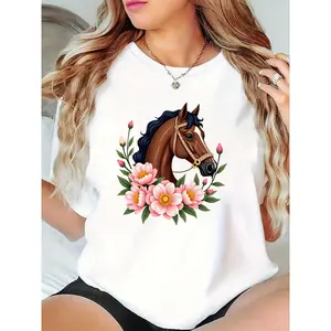 Women's White T - Shirt with Brown Horse & Pink Floral Wreath Print, Casual Equestrian Style Top for Horse Lovers, Animal Enthusiasts, Ideal for Daily Wear, Spring Outings, Equestrian Events 100% Cotton T-shirt