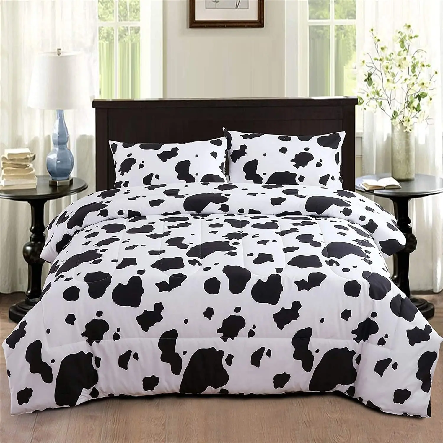 3 count  Comforter Set  Size Black and White Cute Geometric Cow Bedding Set Soft Reversible Plaid Grid Bed Quilted Set for  Teens Boys Girls