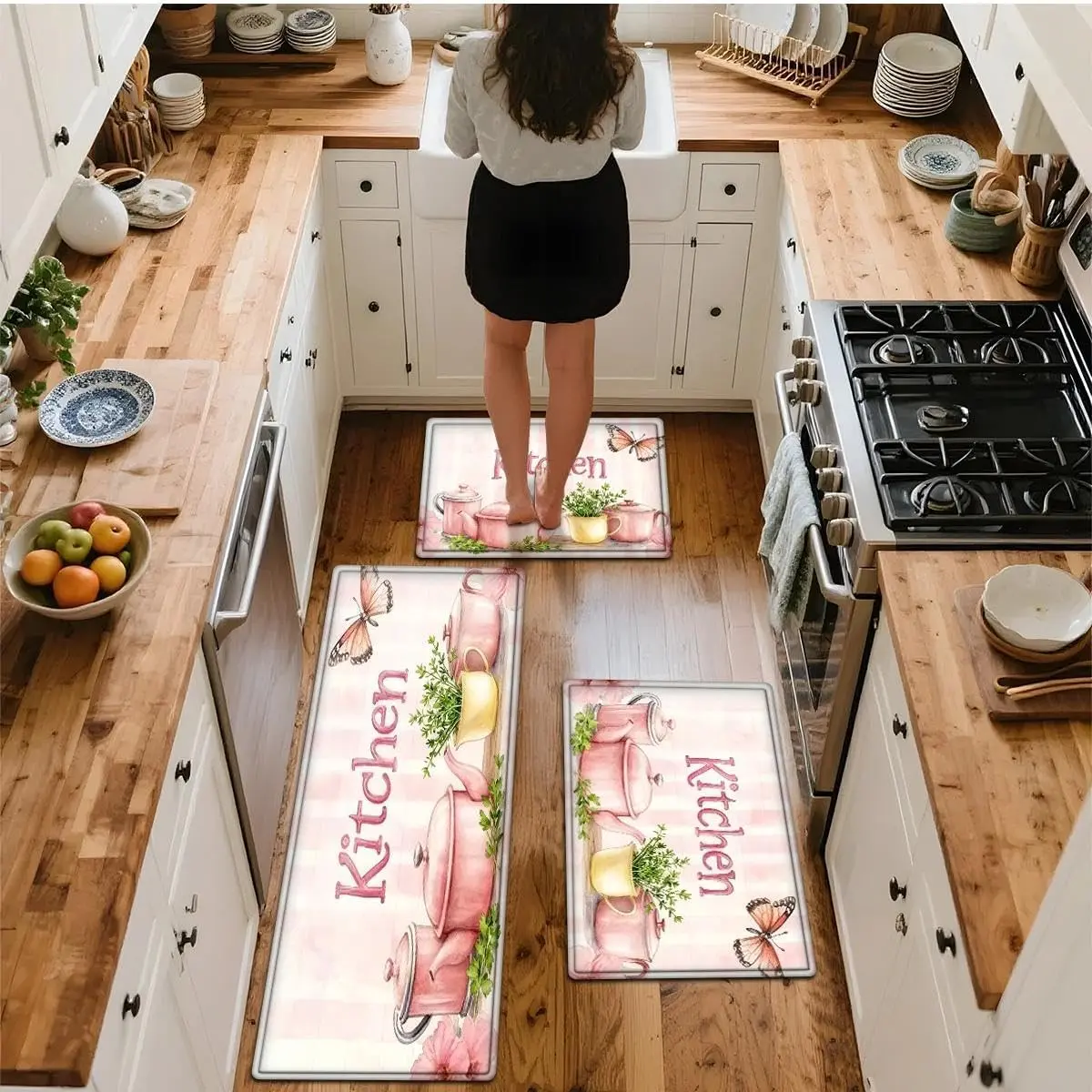 Flannel Kitchen mat Farmhouse Kitchen Rugs Sets of 3,Pink kitchenware patternHome Kitchen Decoration Mats Soft Sponge Floor Mat for Bathroom,Sink, Laundry,15.7"X23.6"/19.7"X31.5"/17.7"X47.2"