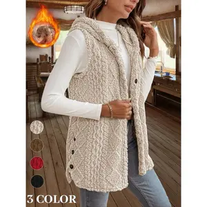 Women's Fuzzy Cardigan Coats Cozy Warm Sleeveless Hooded Sherpa Fleece Shacket Button Down Front Shacket Coat Thick Fleece Lined