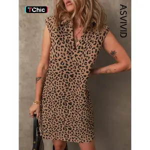 Women's Casual Leopard Print Sleeveless V - neck Collar Mini Dress