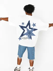 Men's Denim Star Print Oversized T-Shirt, Casual Streetwear Short Sleeve Tee, All-Season Aesthetic Top, White graphic fashion funny book merch bacon target