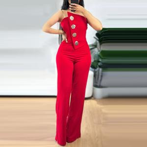 ChicMe 2026 Asymmetrical Bandeau Strapless Jumpsuit Metal Button Decor Wedding Guest Casual Overalls Women's Outfits Wedding Party Chic Stretchy Soft