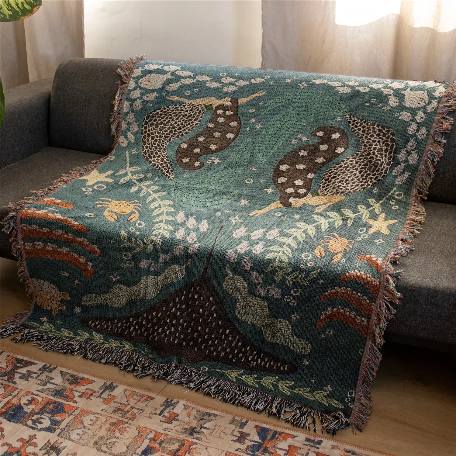 Mermaid Pattern Bohemian Yarn Jacquard Woven Blanket with Tassel, Thick Soft Washable Throw Blanket, Decorative Blanket, Cozy Warm Blanket, Used for Home Decor Sofa Chair Bed Tapestry Tablecloth Floor Garden Picnic Outdoor Camping Boho Blanket