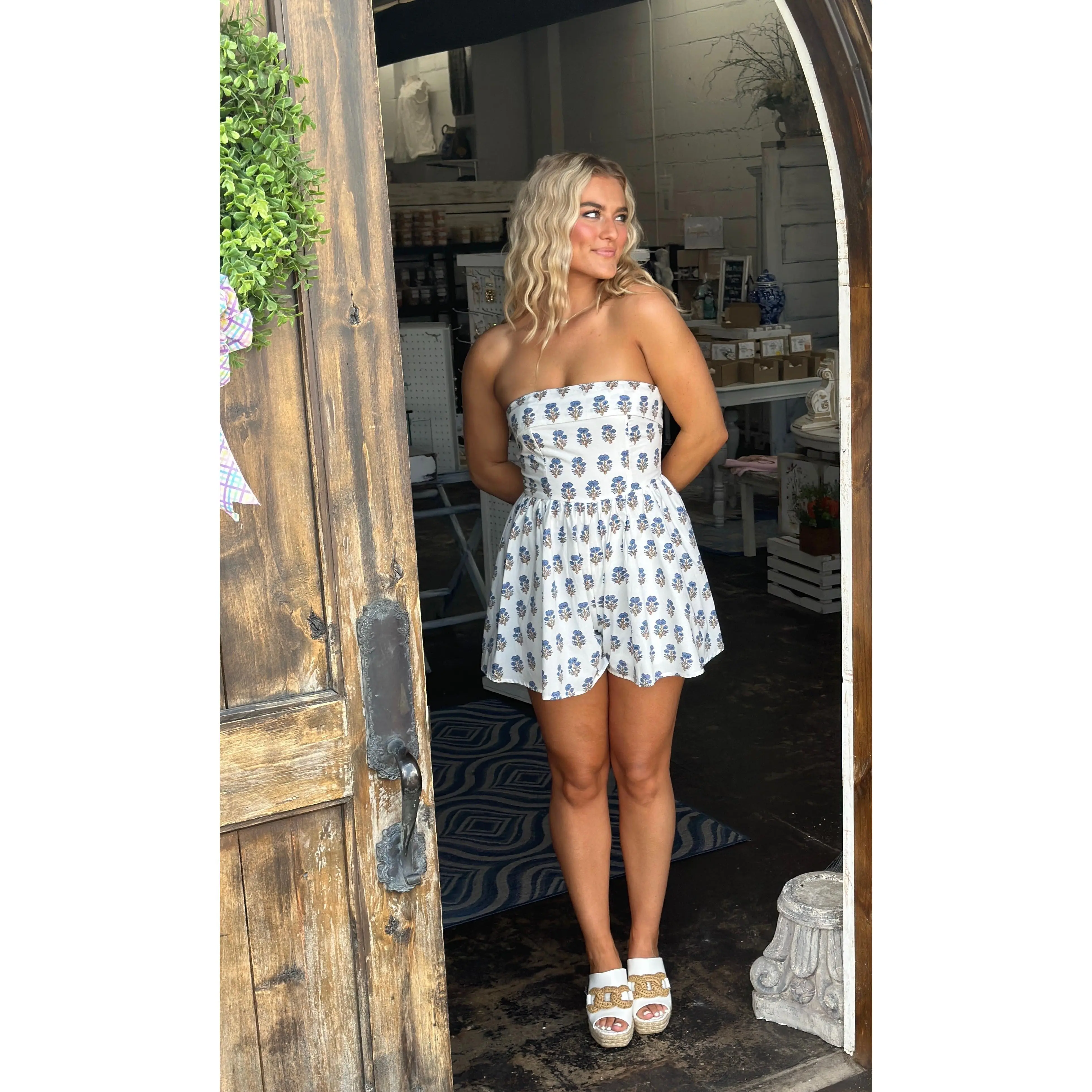 Blue's Clue's Romper - Strapless Smocked Bodice with Blue Floral Print Above the Knee Flowy Shorts for Summer Boho Style