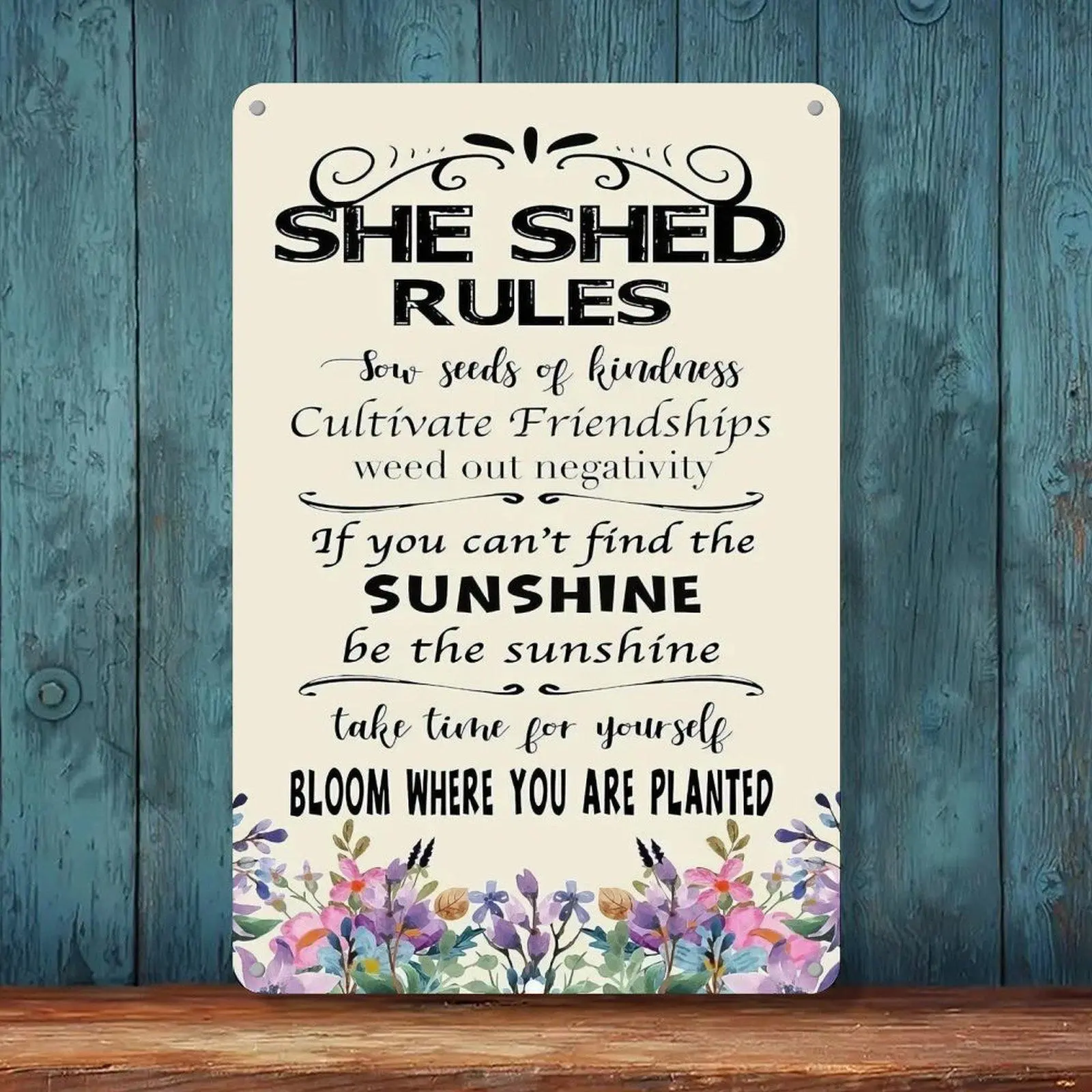 She Shed Rules Inspirational Flower Quote Wall Art 8x12in Positive Saying Decor Sign For Women Cave Garden Room