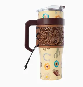 Trailkissed Western Tumbler in Yellow Stainless Steel with Leather Wrap and Handle by Myra