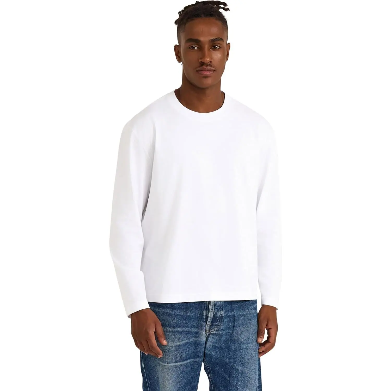 Organic Basics Men's True Heavy Cotton Boxy Fit Plain Classic Round Neck Longsleeve Tee Shirt, Menswear Top, Longsleeves