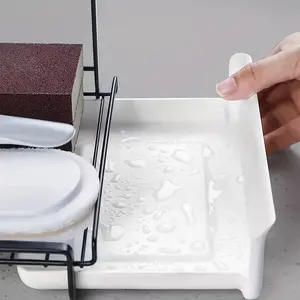 Black Minimal drill free kitchen storage rack - metal towel and sponge rack, wall mounted cutlery cloth organizer for countertops and sinks, practical kitchen bathroom small storage tool