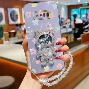 Note 8 Popular Series Crystal Jewelry Strap Lanyard Phone Holder Case For Compatible With Samsung Galaxy Note 8 Plating Cover and Elegant Colorful Flower Quicksand Astronaut Bear Protector Cases