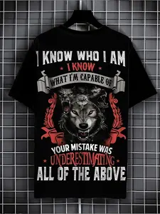 Men's Cartoon Wolf TShirt Casual Crew Neck Made from Slightly Stretchy Summer Fashion Top Regular Fit, PLUS SIZE