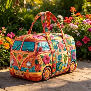 Floral Bus Shaped Quilted Embroidery Multipurpose Tote Bag, Trendy Roomy Portable Handbag, Sturdy Carryall Ideal for Vacation, Gym Workouts, Travel and Daily Shopping