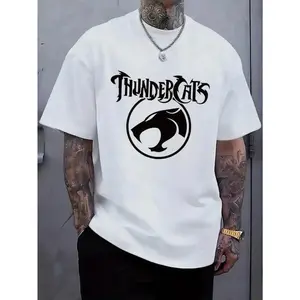 Men's Black "ThunderCats" Graphic T-Shirt, Menswear Shortsleeve Round Neck Sports Top, Regular Fit Stretchy Fabric, Casual Streetwear with Roaring Cat Design for Daily Summer Wear
