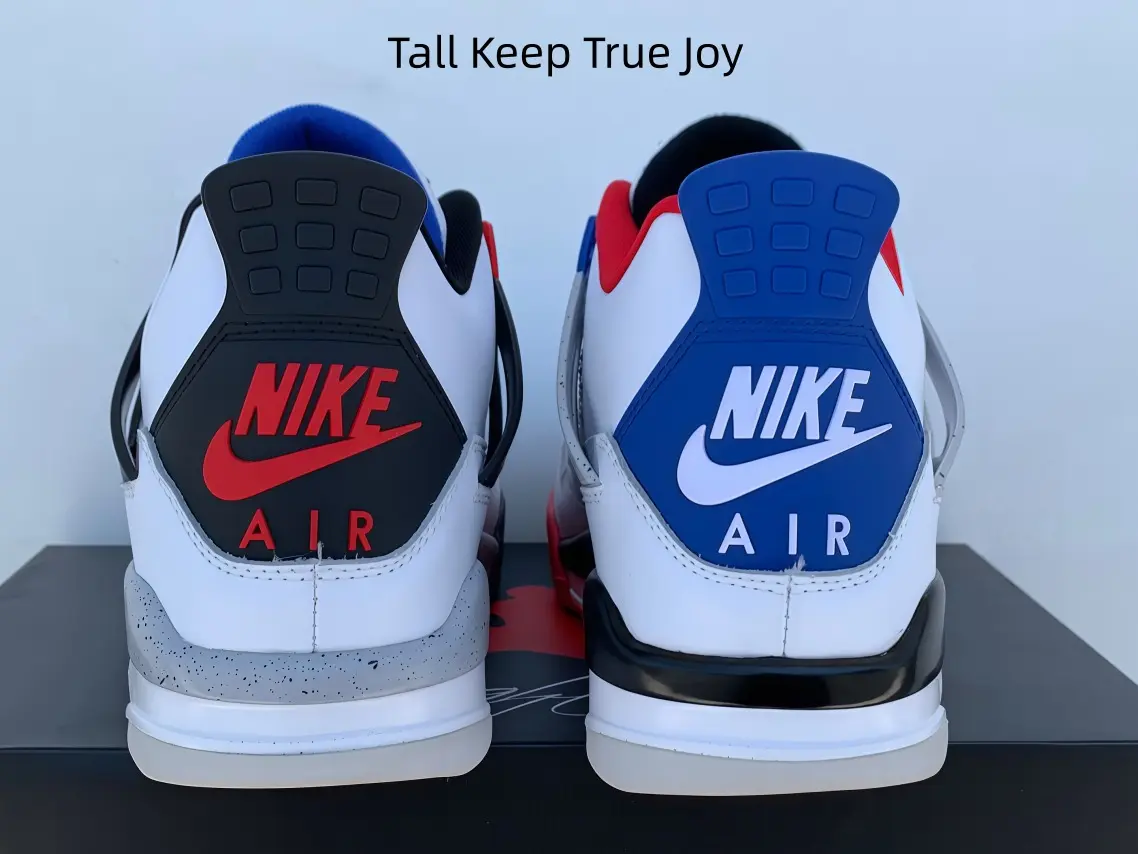 Unique mismatched heel mid-top athletic shoes adopt clean white leather upper, one black-red heel panel and one blue-white heel panel, bringing eye-catching split-color streetwear charm.