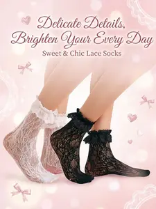 Women's & Lace Knee-High Socks, Cute Large Lace Trim Design, Elastic Hollow Out Mesh Lolita Style, Fashion Essential, Lace Crew Socks