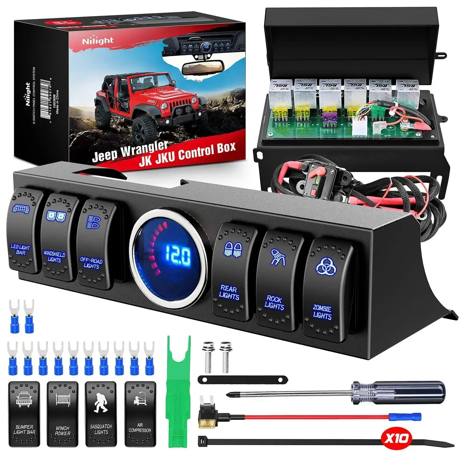 Nilight 6-Gang Rocker Switch Box Control System - Fuse-Equipped, 960W Power, Overload Safe, Voltage Monitor, Plug-and-Play Offroad Vehicle LED Lights Controller for Jeep Wrangler JK/JKU 2007-2018 Auto Accessory, Mounting, 12V Volt Display