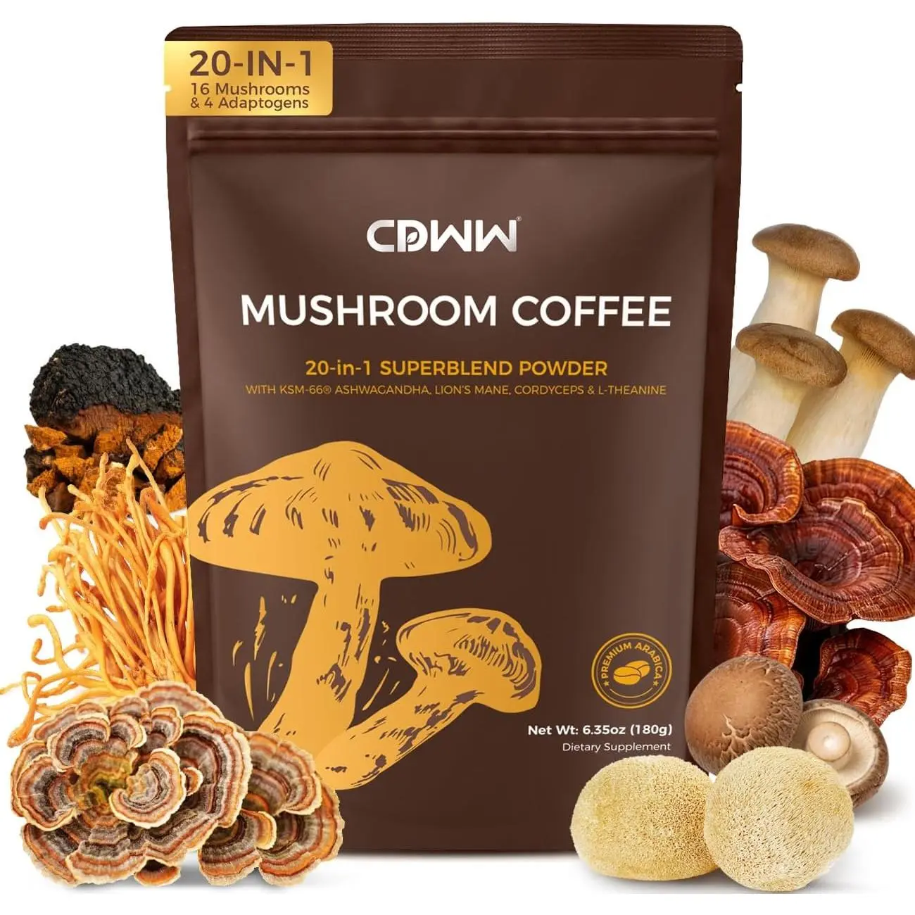 Mushroom Coffee, 20-in-1 Adaptogenic Mushrooms Instant Coffee Powder with Lion's Mane, Reishi, Cordyceps, Turkey Tail, King Trumpet & L-Theanine for Energy, Digestion & Immune Support, 30 Servings
