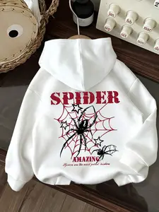 Spider Print Hooded Adjustable Drawstring Sweatshirt, Unique Halloween Top, Comfortable, Stylish & Casual, Easy to Pair, Must-Have Closet Addition, Soft Knit Fabric Loose Fit Womenswear