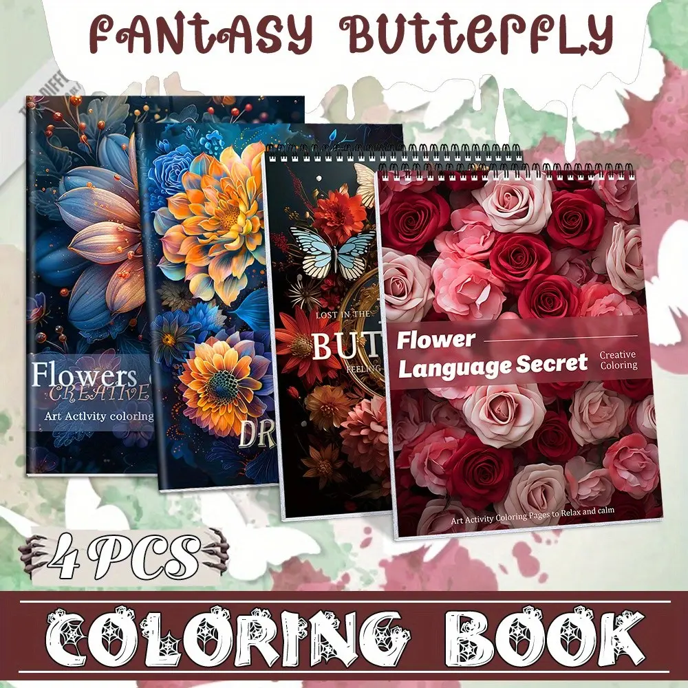 4pcs Adult Coloring Book Set, Illustrated, Creative Art Activity Coloring for Art Lovers, Flower World, Vivid Themes, Designs for Mindfulness & Leisure, Beginner-Friendly, Thick Paper, Spiral Bound & Saddle Stitch, Gift Idea for Christmas, Valentine's Day