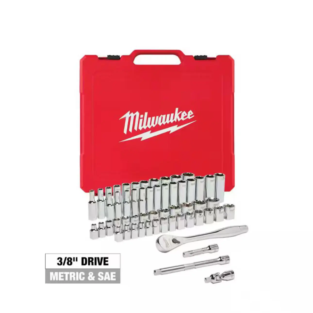 Milwaukee 3/8" Drive SAE/METRIC Ratchet and Socket Mechanic Tool Set (56-piece) Ratcheting Wrench Set Milwaukee 3/8" Drive SAE/METRIC Ratchet and Socket Mechanic Tool Set (56-piece) Ratcheting Wrench Set