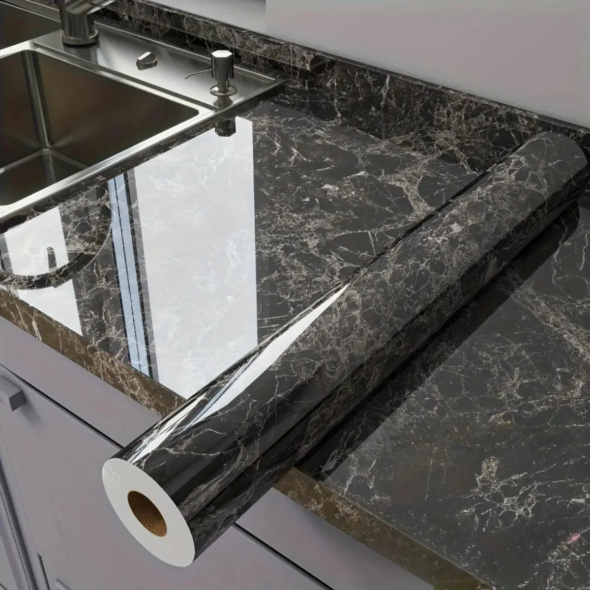 Premium Glossy Marble Peel and Stick Wallpaper Self Adhesive Waterproof Heat Resistant Oil Proof Removable No Residue for Kitchen Countertop Backsplash Furniture Renovation