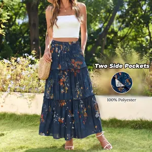 Womens Casual Maxi Skirts for Women 2026 High Waist Boho Skirts Floral Printed Long Flowy Skirt with Pockets Womenswear Bohemian Beach Flared 2026 Summer 100%Polyester