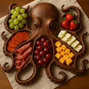 Elegant Octopus Charcuterie Platter with Tentacle Slots, Recycled Wood Seafood Serving Board for Parties and Tapas, Kitchen Decor