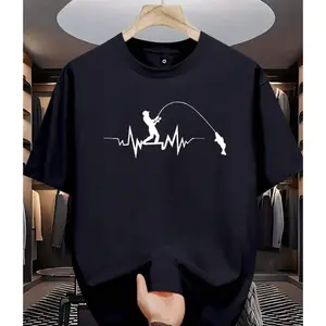 180gMen's Regular Fit Short Sleeve T-Shirt With Electrocardiogram & Fishing Graphic Print, Casual Outdoor Sports Wear, Suitable As Gift For Husband/Boyfriend, 2000s Style