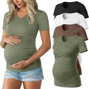 4 Pack Women's Maternity Shirts, V Neck Maternity Top Short Sleeve Casual Tee Side Ruched Pregnancy Clothes