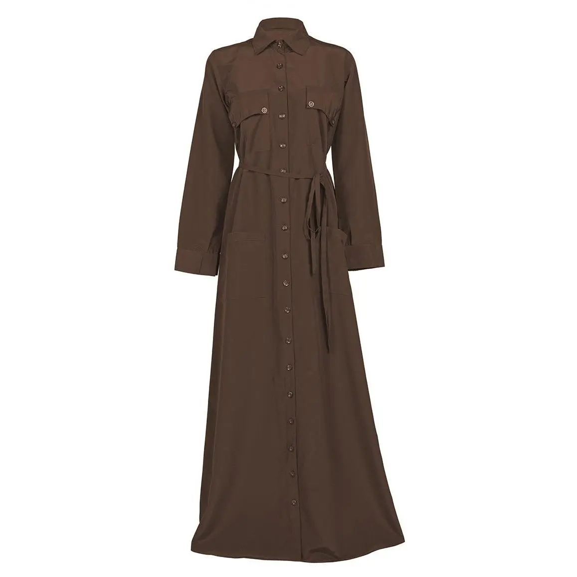 Women's Comfortable Kashibo Dark Brown Button Down Abaya With Pockets And Loose Belt