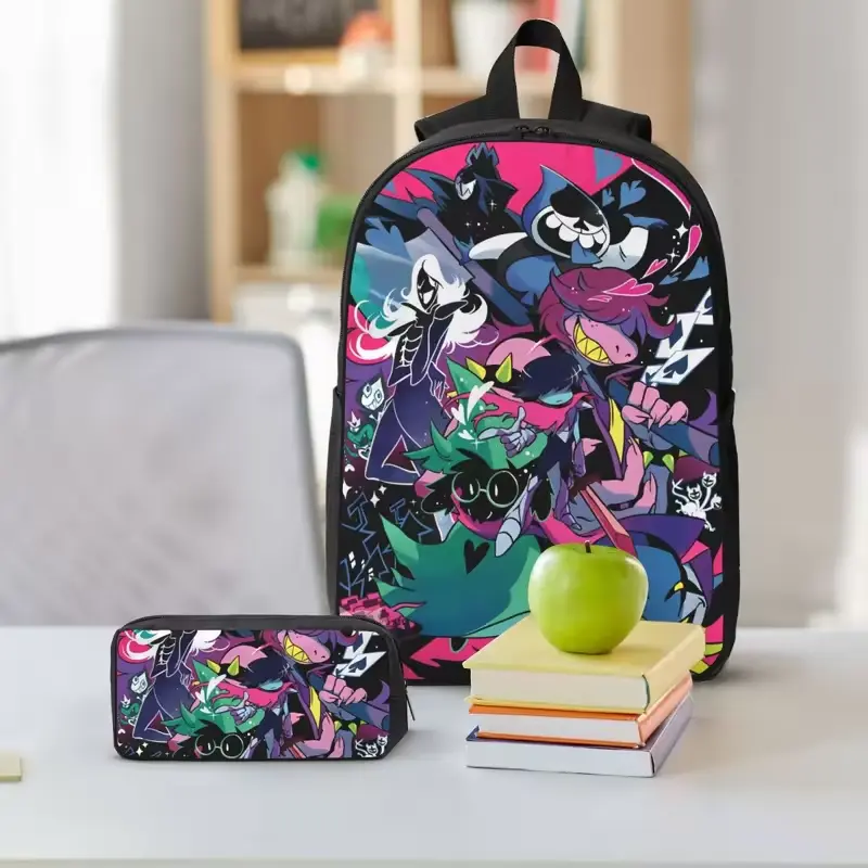 Deltarune Game Prints 3-Piece Minimalist Oxford Fabric Multi-Use School/Travel Set for Primary School Students - Backpack, Pen Bag, Lunch Box, Daypack, Unisex, Zipper Closure