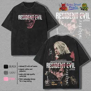 Resident Evil Requiem RE9 Leon S Kennedy horror Game Oversize 2 Sided Washed Cotton T-shirt unisex graphic tees game anime manga movie Menswear Casual gamer merch t-shirt Clothes Top