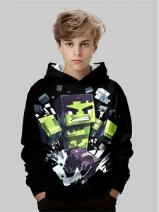 Kids Hooded Sweatshirt Hulk Theme, Casual Long Sleeve Fitted Top, Superhero Culture Pixel Art, Fall & Winter Fashion