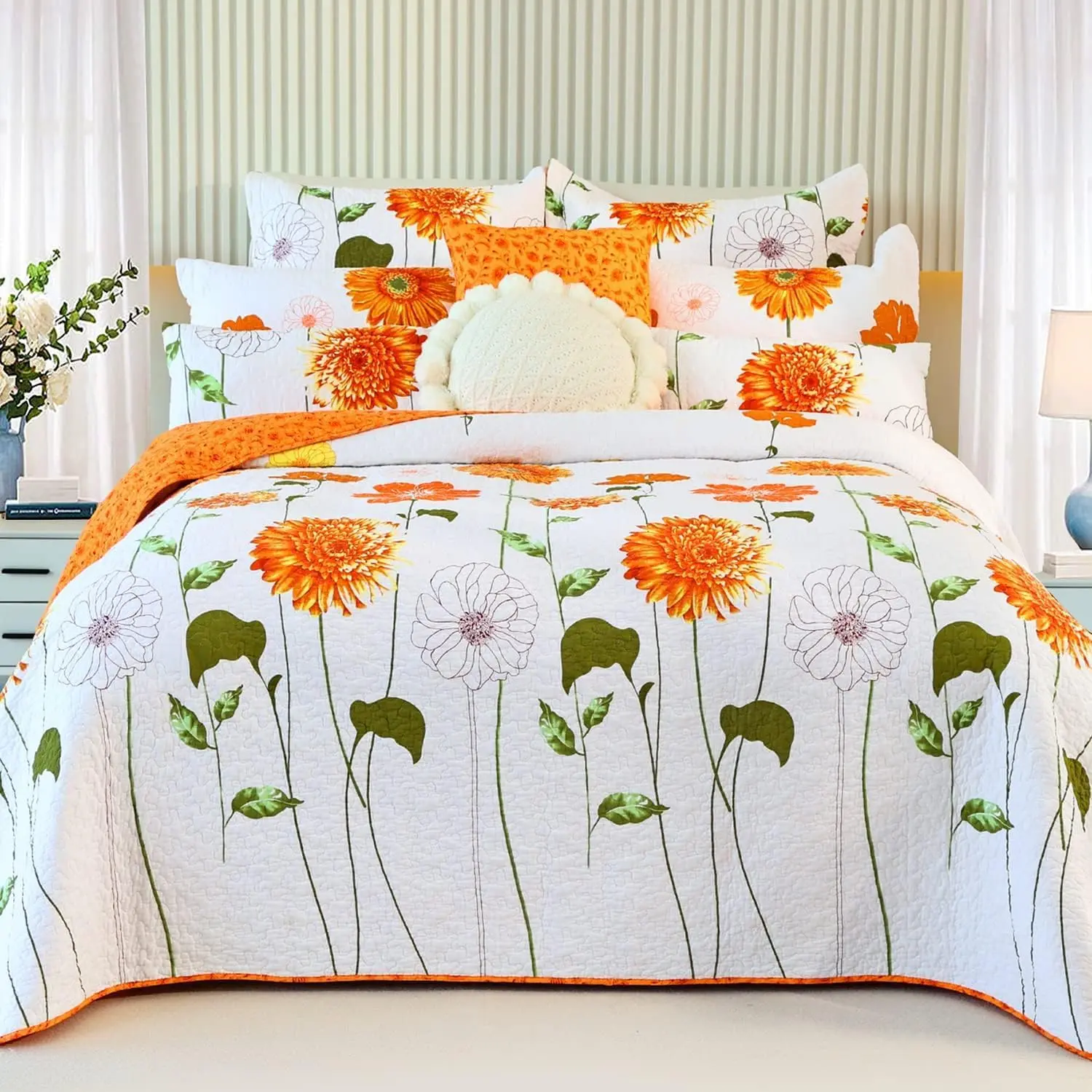 Cotton Quilt King Size Orange Sunflower Bedding Set Floral Lightweight Quilt Reversible Coverlet Bedspread with 2 Pillow Shams All Seasons 3 count (106"X96")