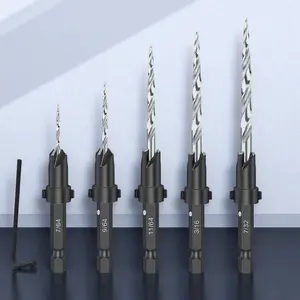 High-Speed Steel Counterbore Drill Bit Set 5pcs Hex Shank Woodworking Tools with Wrench for DIY Furniture