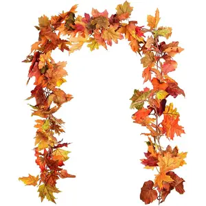 2-Pack Autumn Wreath Maple Leaf, 5.9 Feet/Piece Hanging Vine Wreath Artificial Autumn Leaves Wreath Thanksgiving Decoration Suitable for Home Wedding Fireplace Party Christmas (Orange)