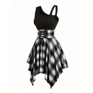 Plus Size - Plus Size Women'S Off-Shoulder Color Block Plaid Dress with Adjustable Waist Tie & Asymmetrical Hem - Casual Holiday Resort Wear, Black & Red Checkered Skirt, Fitted Bodice for Spring Summer Fall, Seasonal Fashion, Offshoulder F