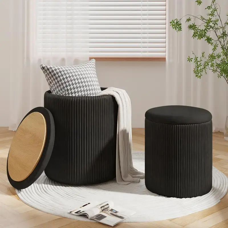 [Summer Vibes] Round Ottoman Vanity Stool with Storage Set of 2, Beige Velvet Round Ottoman with Storage, Multifunctional Round Storage Ottoman Foot Rest, Storage Ottoman Round with Storage for Living Room