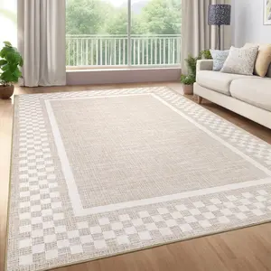 GARVEE Area Rug 9x12 Living Room Rug Modern Bordered Soft Large Area Rugs for Bedroom Washable Checkered Dining Room Throw Carpet Non Slip Stain Resistant Geometric Rugs for Home Office, Beige