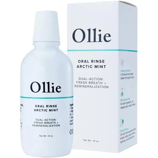 Ollie Arctic Mint Oral Mouthwash, 3% Hydroxyapatite, Alcohol-Free, 16 oz, Daily Gentle Formula with Nano-Hydroxyapatite, Xylitol, Zinc Lactate & Probiotics, Fresh Breath Support, 1 Pack, Cosmetic