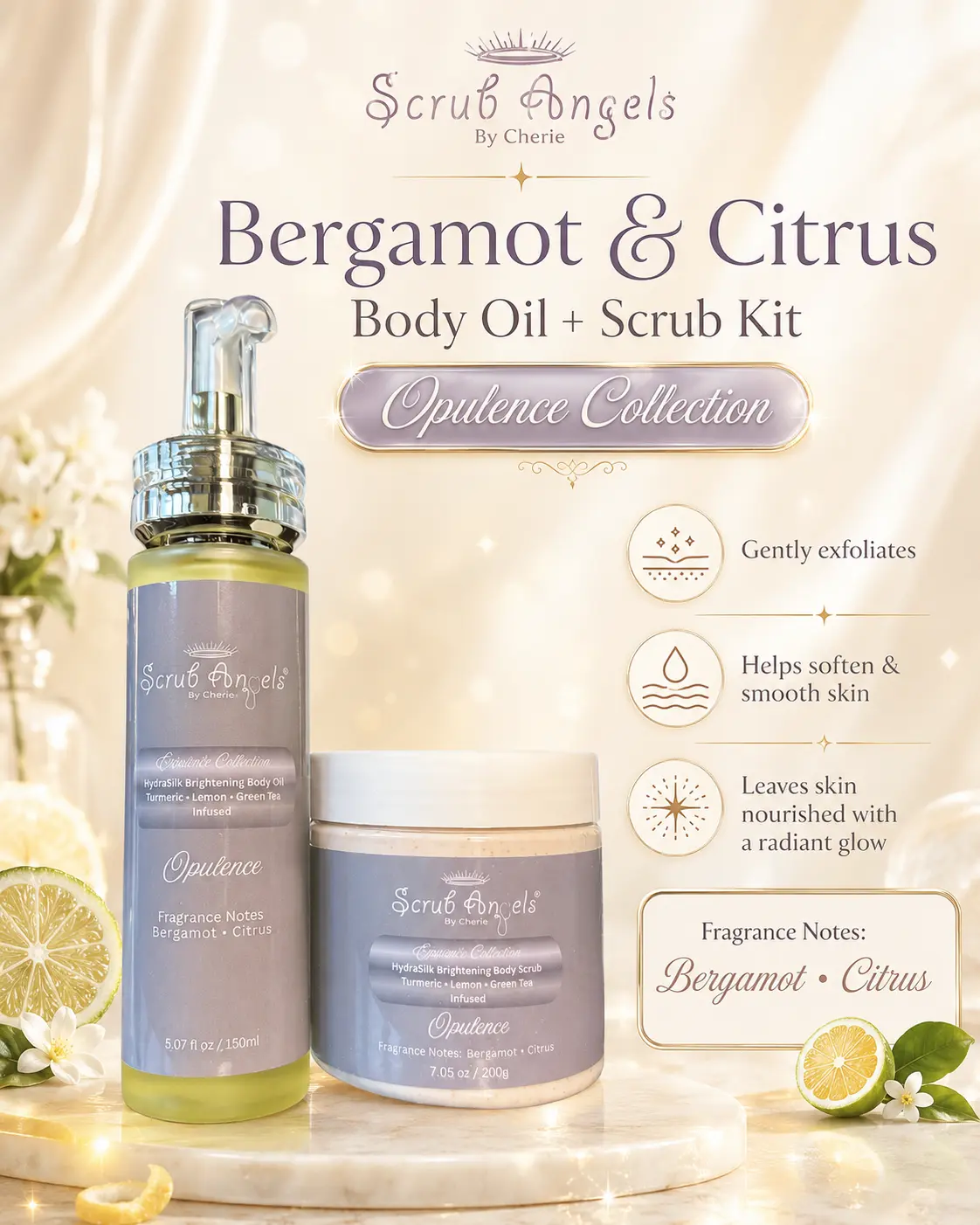 HydraSilk Body Care Set with Bergamot & Citrus Aroma, Nourishing Body Scrub & Oil Duo for a Silky Home Spa Experience, Unisex, Moisturizing, All Skin Types, Lemon, Smoothing, Exfoliating, Hydrating