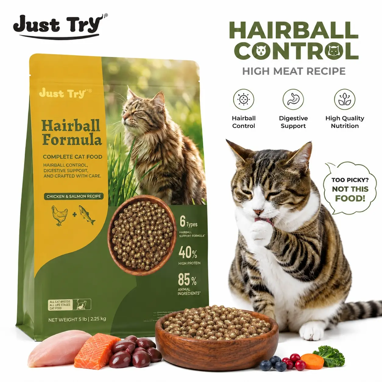 Just Try Grain-Free Dry Cat Food, 5 lb Hairball Aid with Cat Grass, Pumpkin, Taurine, Psyllium Husk & Cranberry - 40% Protein from Salmon & Chicken, for Hairball & Digestion Boost Support