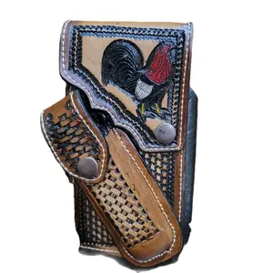 Rooster Western Phone Holster Genuine Leather Phone Belt Holster and Knife Holder Hand Tooled button closure Handmade in Mexico