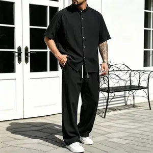 New Summer Men’s Set: Lyocell Tencel Linen Casual Two-Piece — Cool, Breathable, Wrinkle-Free Stand Collar Short-Sleeve Design for Everyday Casual Sports