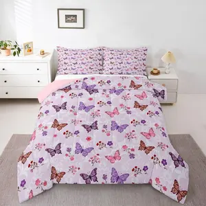 Butterfly Floral Comforter Set,Pink Purple Butterflies Bedding Set for Girls Kids Boho Paisley Flower Comforter Garden Cottagecore Duvet Insert All Season