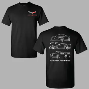 180g[100%cotton]Corvette C7 Line Art T-shirt, 2 Sides Tee Featuring Technical White Outline Sketches of C7 Front Side Rear Views, Minimalist Graphic Design for Men & Women, Streetwear, Vacation Outfits, Summer Deals