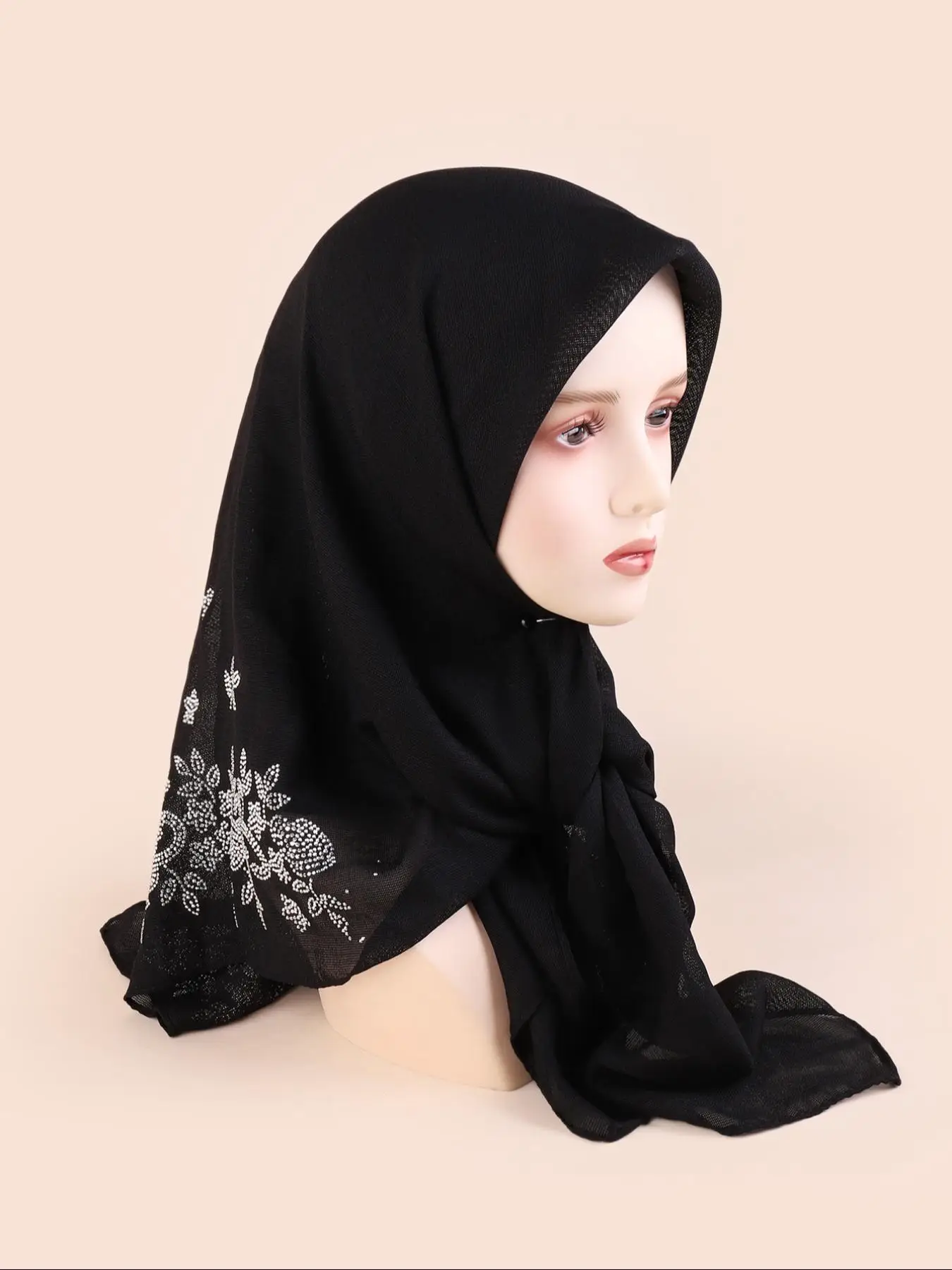Women's 1 Piece Rhinestone Flower Design Instant Hijab, Elegant Plain Muslim Clothing, Muslim Scarf for Women for Daily Wear